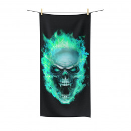 Flaming Demon  Skull Electric Blue  on Black Polycotton Towel