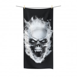 Flaming Demon  Skull White on Black Polycotton Towel