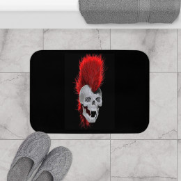 Screaming Skull With Red Mowhawk on Black Bath Mat