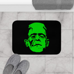 Frankenstein Monster Green Silouette  on Black Bath Mat
