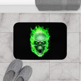 Flaming Demon Skull Green on Black Bath Mat