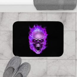 Flaming Demon Skull Purple on Black Bath Mat