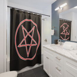 Pentagram Down Red and White on Black Shower Curtains