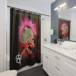 Punk Rock Pink Mowhawk Monster on Black Shower Curtains